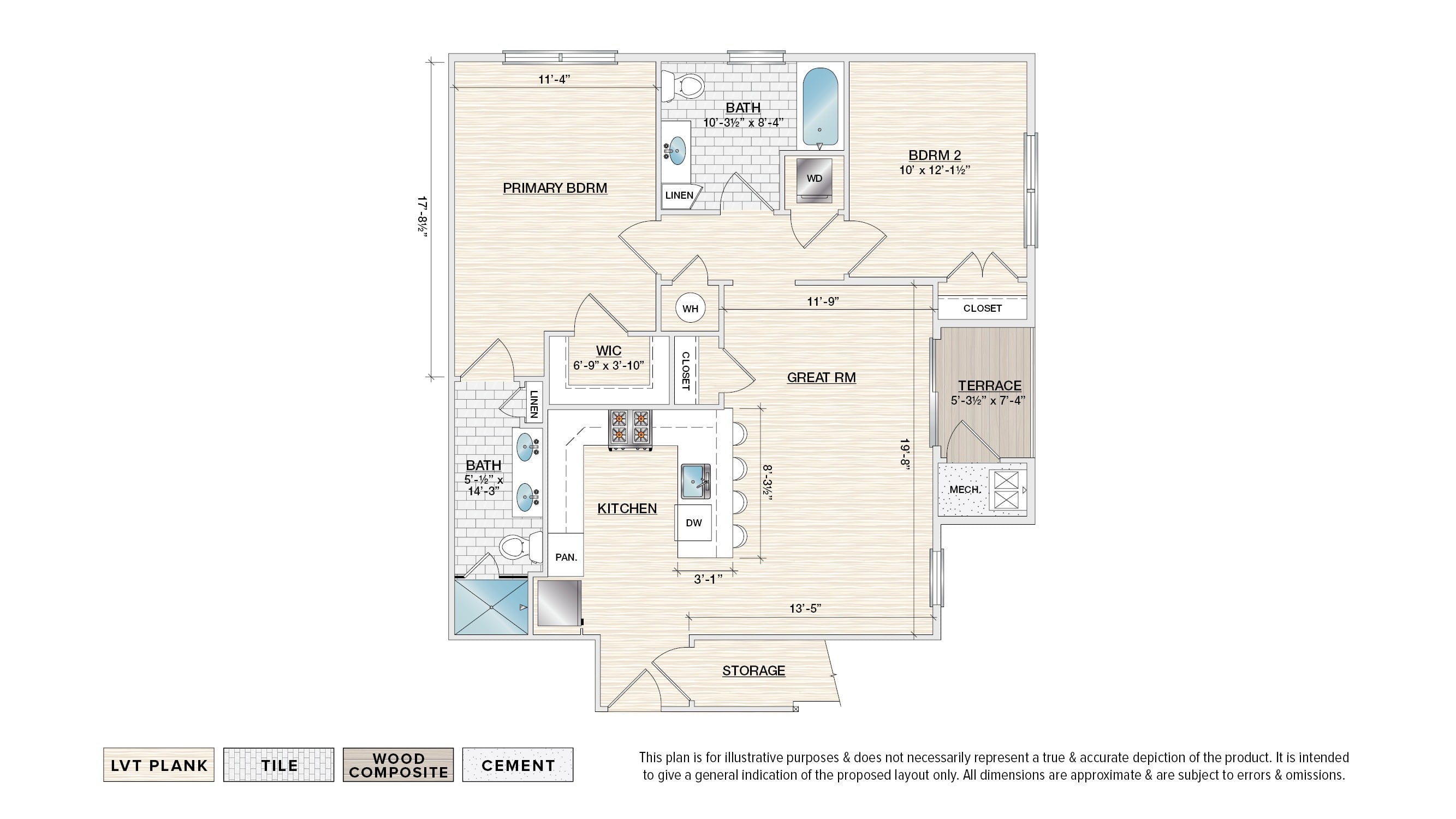 The Edison (RG-E) garden apartment floor plan with 2 bedrooms, 2 baths, and a patio/balcony